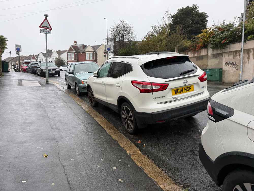 Photograph of WG14 NSF - a White Nissan Qashqai parked in Hollingdean by a non-resident who uses the local area as part of their Brighton commute. The twelfth of twelve photographs supplied by the residents of Hollingdean.