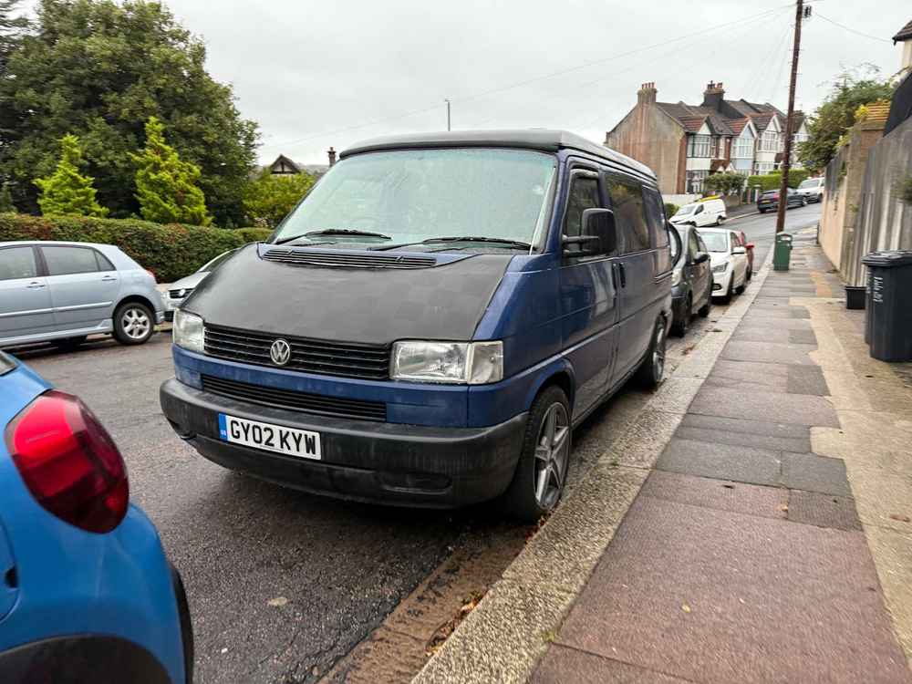 Photograph of GY02 KYW - a Blue Volkswagen Transporter camper van parked in Hollingdean by a non-resident. The twenty-second of twenty-five photographs supplied by the residents of Hollingdean.