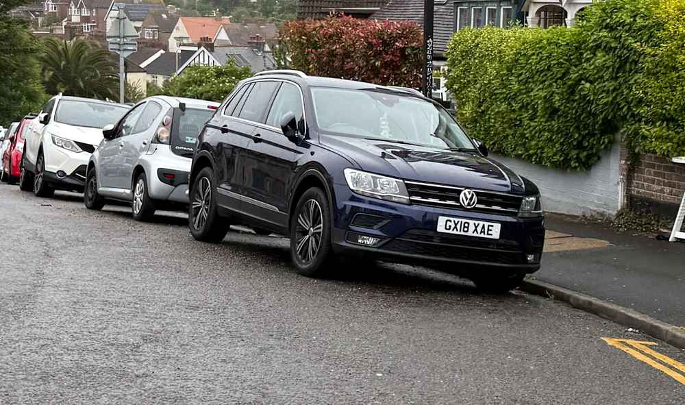 Photograph of GX18 XAE - a Blue Volkswagen Tiguan parked in Hollingdean by a non-resident who uses the local area as part of their Brighton commute. The thirteenth of nineteen photographs supplied by the residents of Hollingdean.
