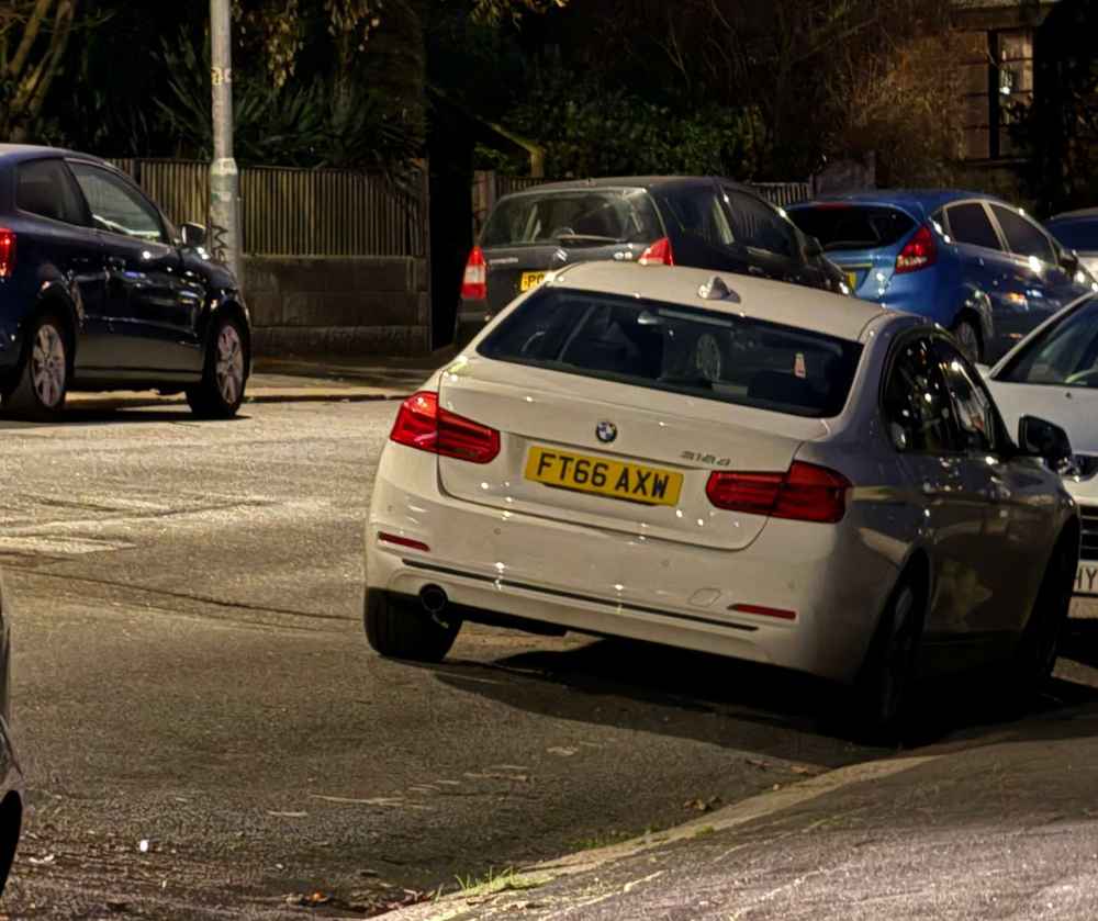 Photograph of FT66 AXW - a White BMW 3 Series parked in Hollingdean by a non-resident who uses the local area as part of their Brighton commute. The thirteenth of twenty-five photographs supplied by the residents of Hollingdean.