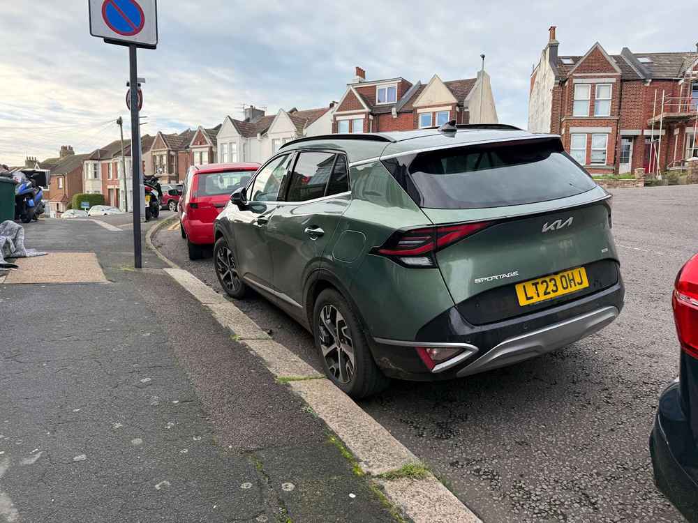 Photograph of LT23 OHJ - a Green Kia Sportage parked in Hollingdean by a non-resident who uses the local area as part of their Brighton commute. The second of three photographs supplied by the residents of Hollingdean.