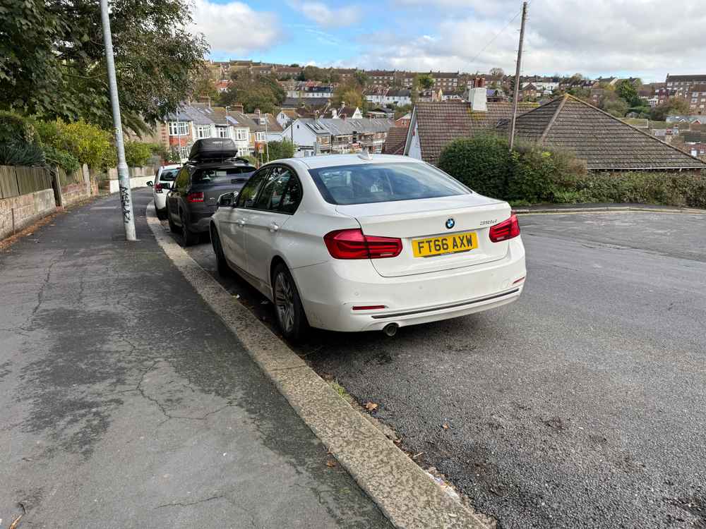 Photograph of FT66 AXW - a White BMW 3 Series parked in Hollingdean by a non-resident who uses the local area as part of their Brighton commute. The twelfth of thirteen photographs supplied by the residents of Hollingdean.