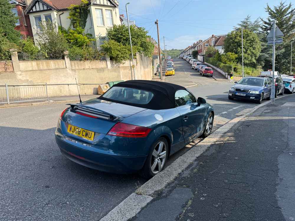 Photograph of WJ58 CWU - a Blue Audi TT parked in Hollingdean by a non-resident who uses the local area as part of their Brighton commute. The second of two photographs supplied by the residents of Hollingdean.