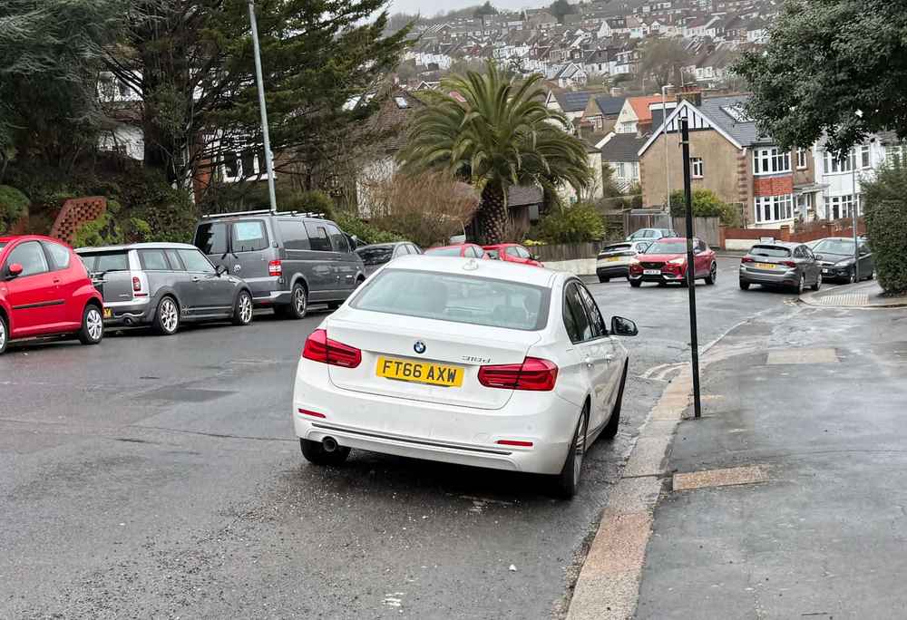 Photograph of FT66 AXW - a White BMW 3 Series parked in Hollingdean by a non-resident who uses the local area as part of their Brighton commute. The twenty-fifth of twenty-five photographs supplied by the residents of Hollingdean.