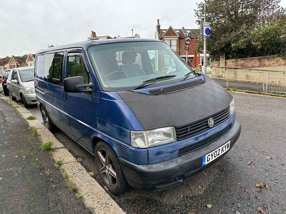 Photograph of GY02 KYW - a Blue Volkswagen Transporter camper van parked in Hollingdean by a non-resident. The seventeenth of twenty-five photographs supplied by the residents of Hollingdean.