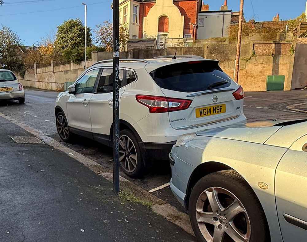 Photograph of WG14 NSF - a White Nissan Qashqai parked in Hollingdean by a non-resident who uses the local area as part of their Brighton commute. The third of twelve photographs supplied by the residents of Hollingdean.
