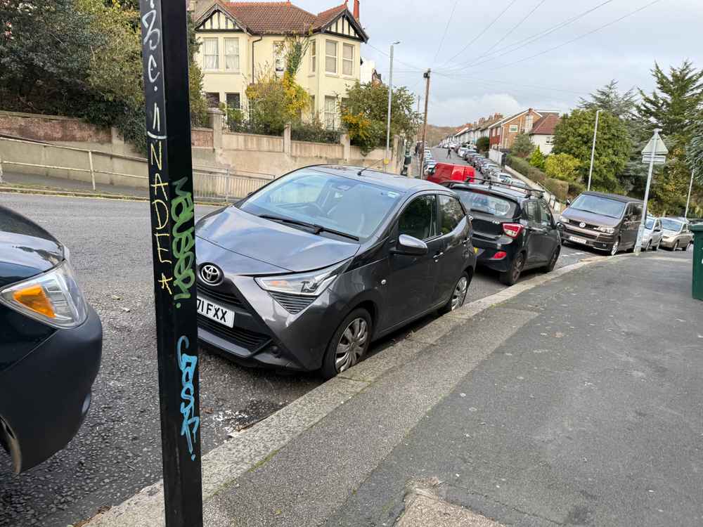 Photograph of GU71 FXX - a Grey Toyota Aygo parked in Hollingdean by a non-resident who uses the local area as part of their Brighton commute. The seventh of seven photographs supplied by the residents of Hollingdean.