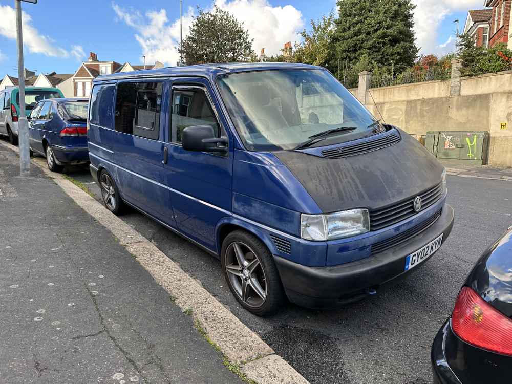 Photograph of GY02 KYW - a Blue Volkswagen Transporter camper van parked in Hollingdean by a non-resident. The seventh of twenty-one photographs supplied by the residents of Hollingdean.