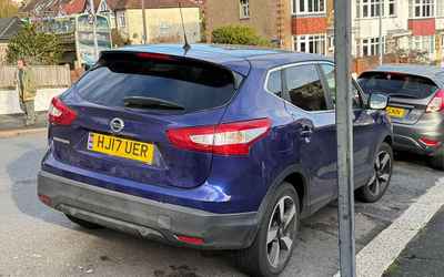 HJ17 UER, a Purple Nissan Qashqai parked in Hollingdean