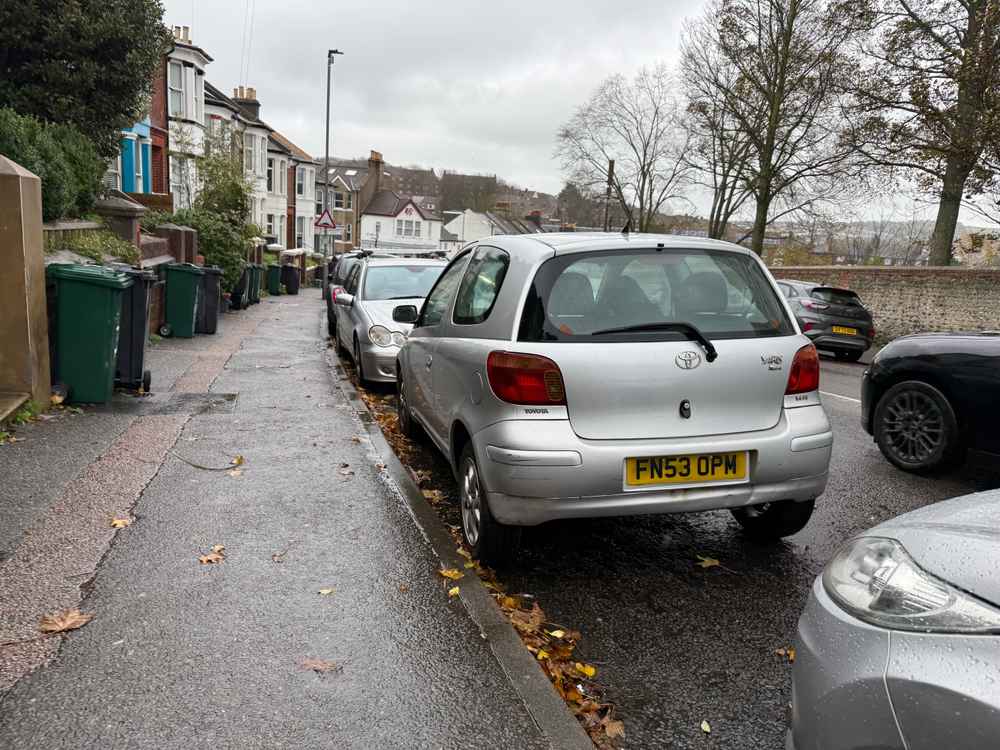 Photograph of FN53 OPM - a Silver Toyota Yaris parked in Hollingdean by a non-resident. The eleventh of eleven photographs supplied by the residents of Hollingdean.