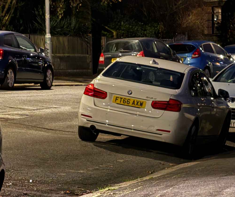 Photograph of FT66 AXW - a White BMW 3 Series parked in Hollingdean by a non-resident who uses the local area as part of their Brighton commute. The thirteenth of thirteen photographs supplied by the residents of Hollingdean.