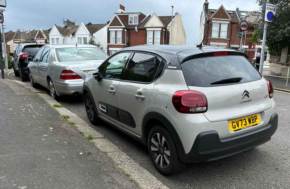Photograph of GV73 WBP - a Grey Citroen C3 parked in Hollingdean by a non-resident who uses the local area as part of their Brighton commute. The sixth of nine photographs supplied by the residents of Hollingdean.