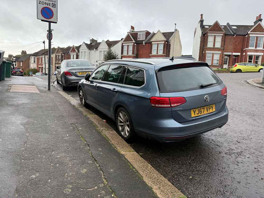 Photograph of YJ67 VPY - a Blue Volkwagen Passat parked in Hollingdean by a non-resident who uses the local area as part of their Brighton commute. The second of two photographs supplied by the residents of Hollingdean.