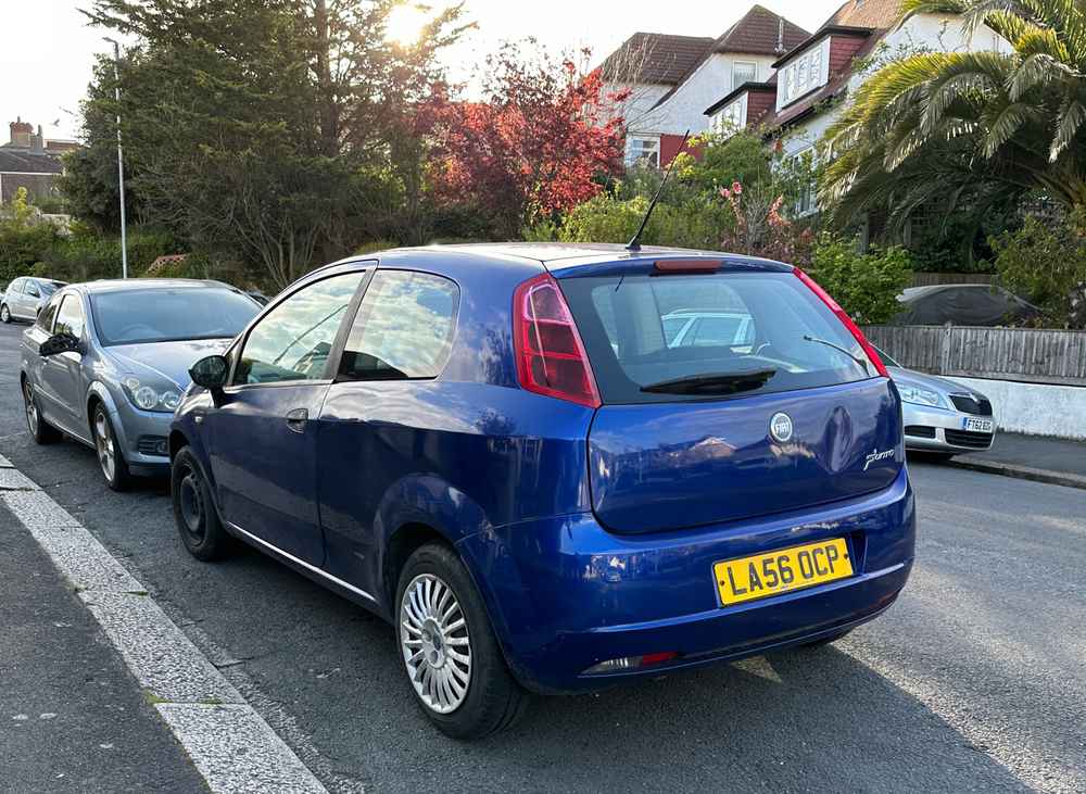 Photograph of LA56 OCP - a Blue Fiat Punto parked in Hollingdean by a non-resident, and potentially abandoned. The sixth of six photographs supplied by the residents of Hollingdean.