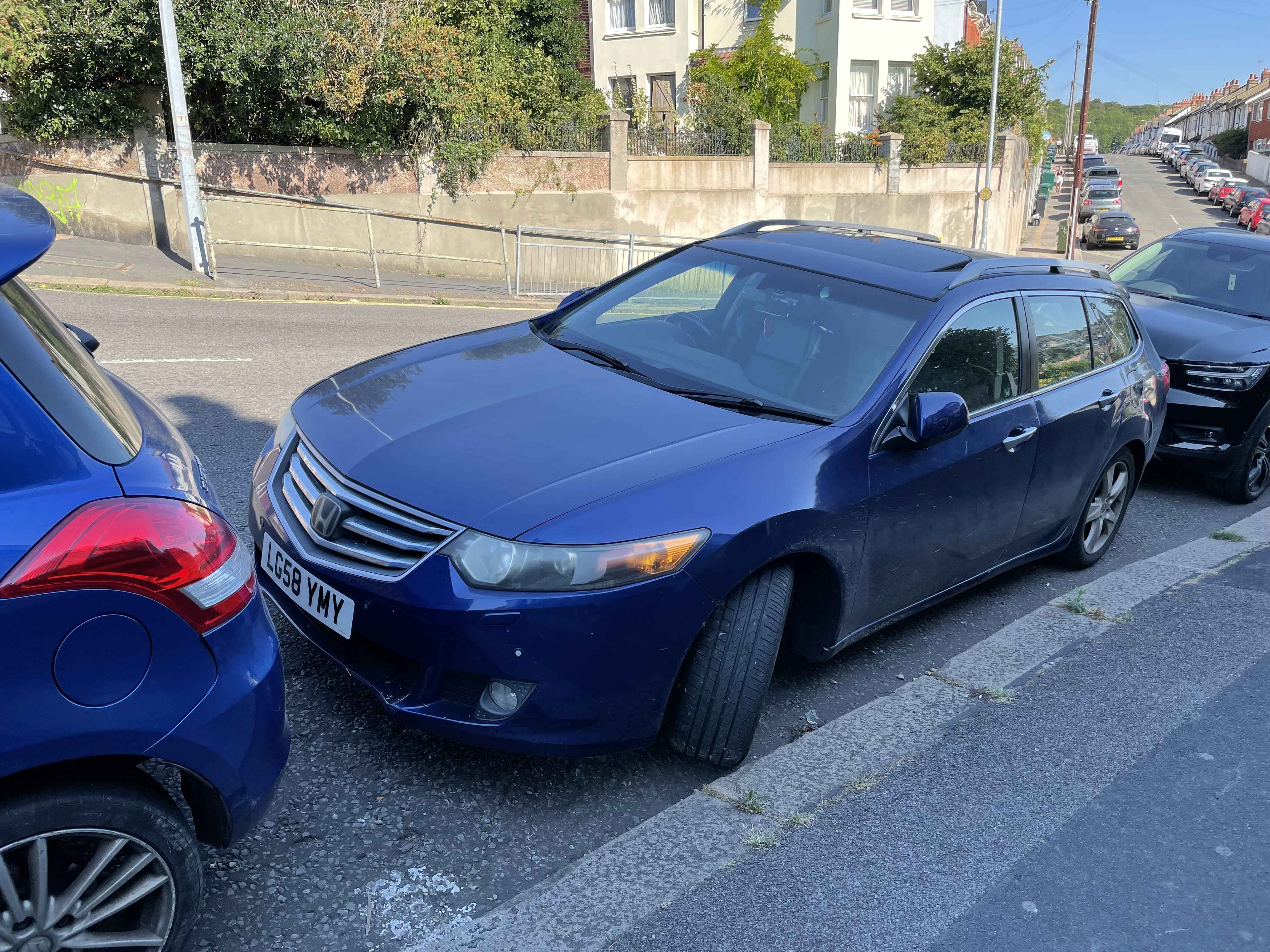 Photograph of LG58 YMY - a Blue Honda Accord parked in Hollingdean by a non-resident who uses the local area as part of their Brighton commute. The third of four photographs supplied by the residents of Hollingdean.