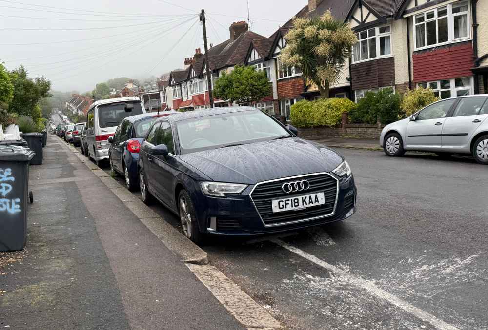 Photograph of GF18 KAA - a Blue Audi A3 parked in Hollingdean by a non-resident. The third of three photographs supplied by the residents of Hollingdean.
