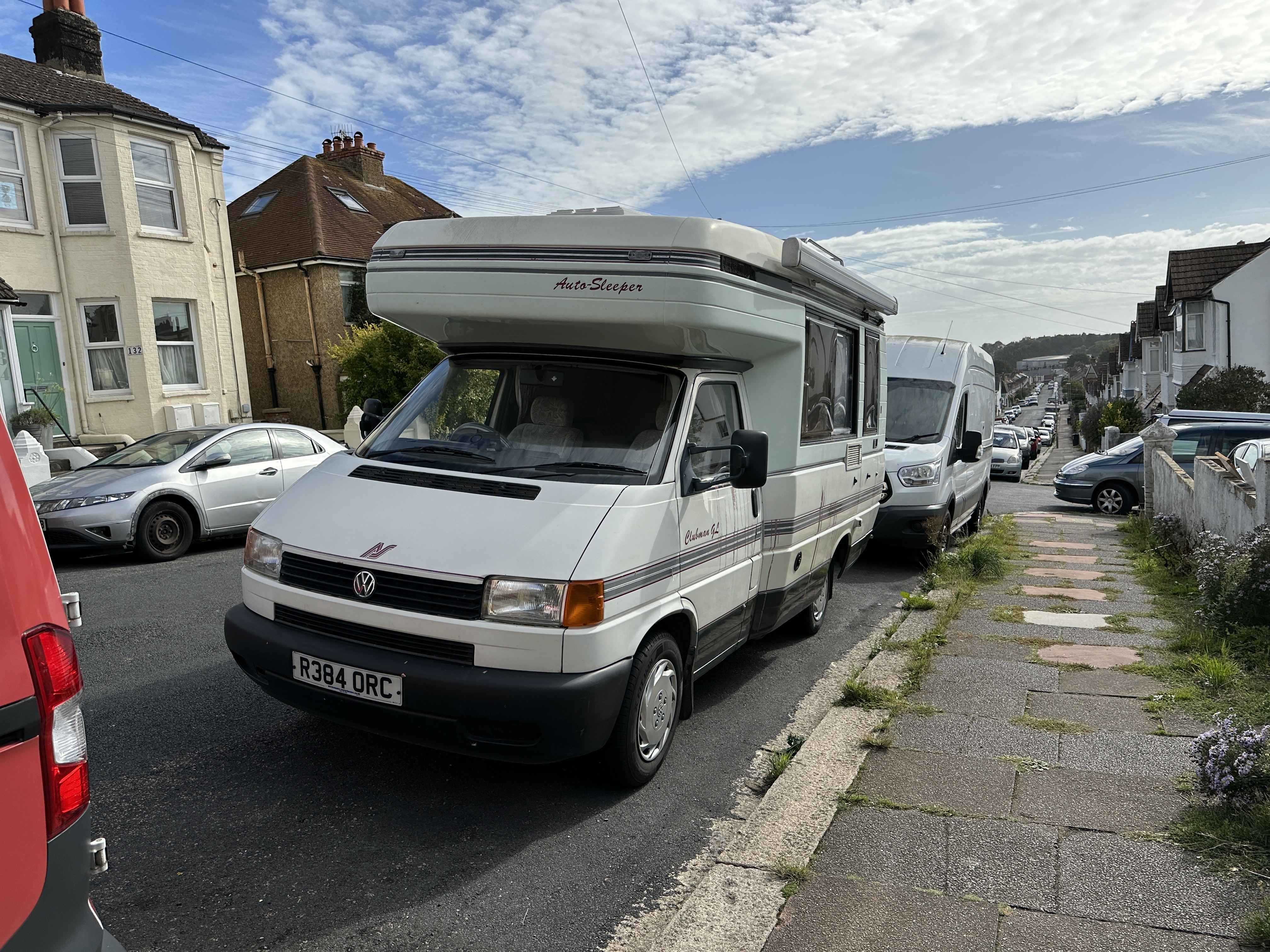 Photograph of R384 ORC - a Beige Volkswagen Transporter camper van parked in Hollingdean by a non-resident, and potentially abandoned. The fifth of twelve photographs supplied by the residents of Hollingdean.