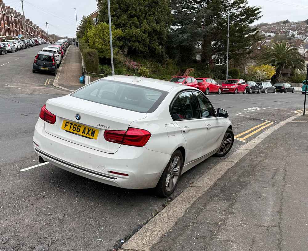 Photograph of FT66 AXW - a White BMW 3 Series parked in Hollingdean by a non-resident who uses the local area as part of their Brighton commute. The twenty-seventh of twenty-seven photographs supplied by the residents of Hollingdean.