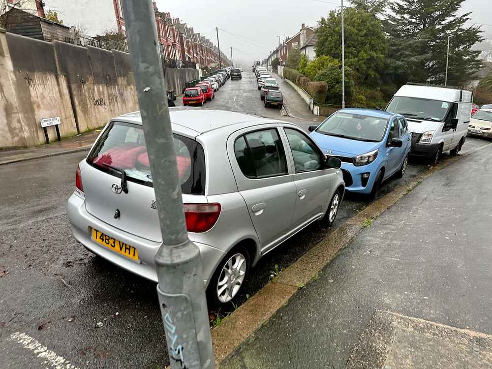 Photograph of T483 VHT - a Silver Toyota Yaris parked in Hollingdean by a non-resident. The twelfth of fourteen photographs supplied by the residents of Hollingdean.
