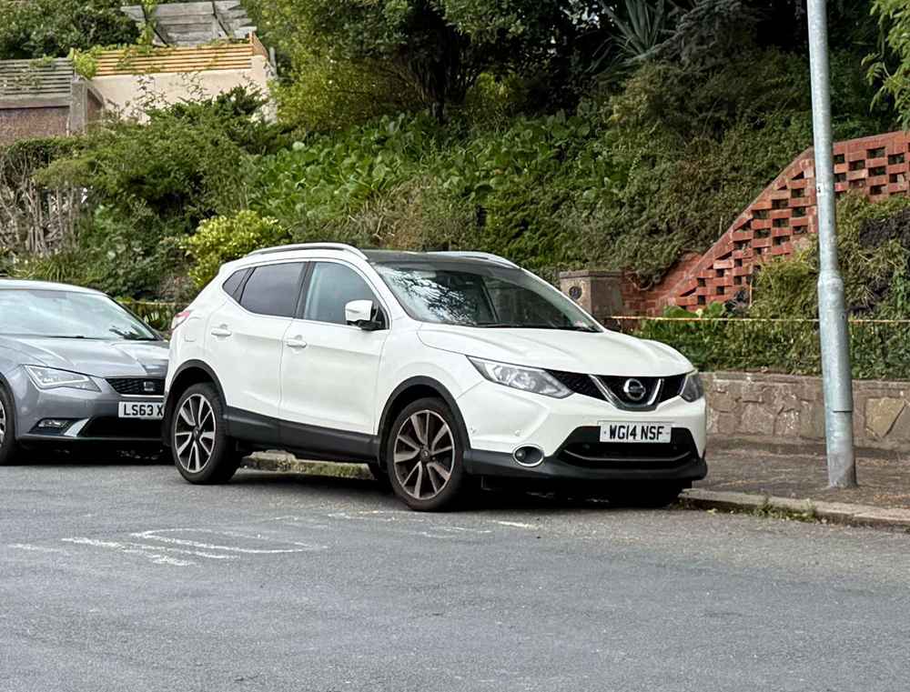 Photograph of WG14 NSF - a White Nissan Qashqai parked in Hollingdean by a non-resident who uses the local area as part of their Brighton commute. The ninth of twelve photographs supplied by the residents of Hollingdean.
