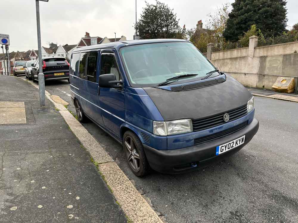 Photograph of GY02 KYW - a Blue Volkswagen Transporter camper van parked in Hollingdean by a non-resident. The tenth of twenty-one photographs supplied by the residents of Hollingdean.
