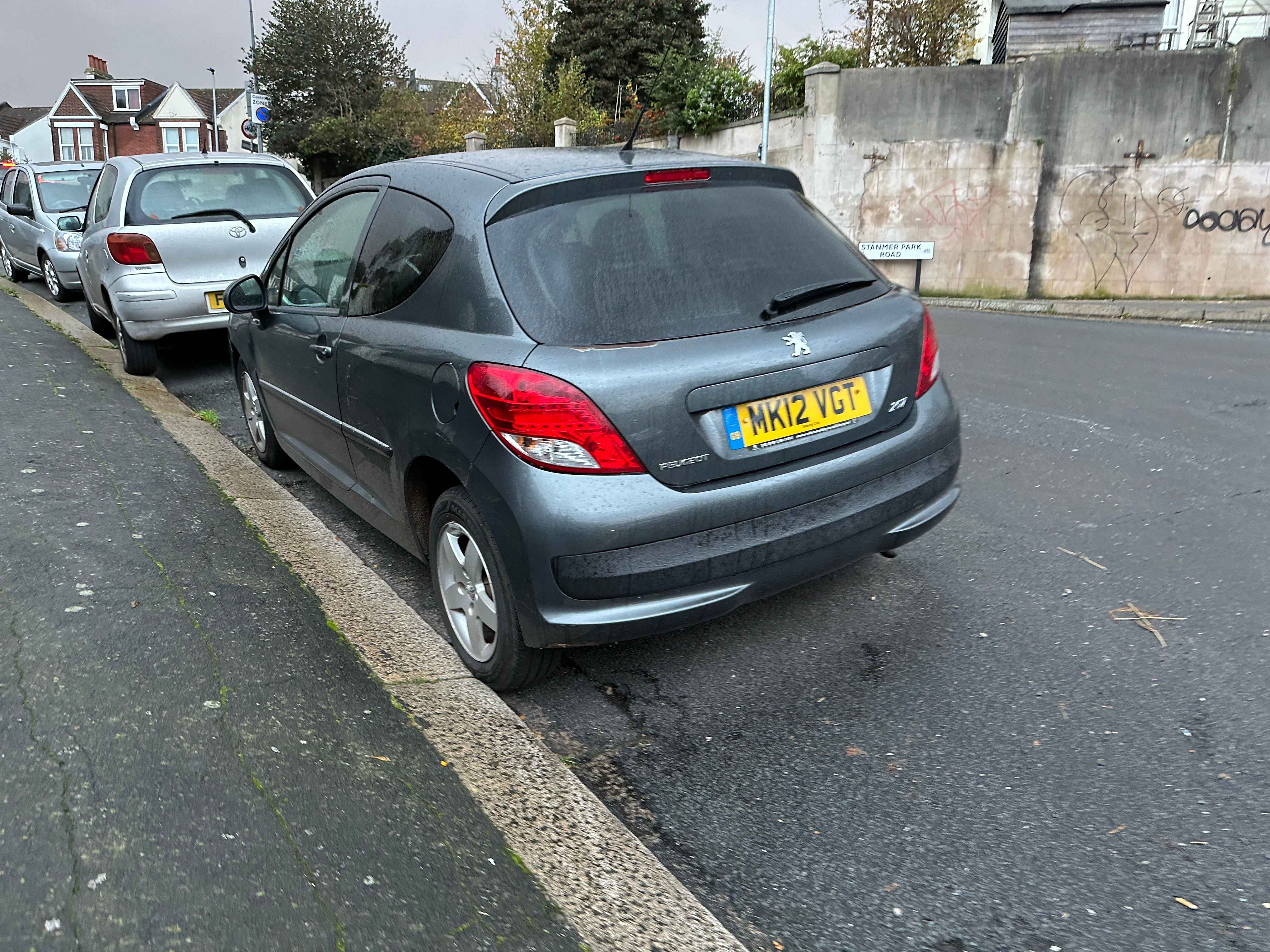 Photograph of MK12 VGT - a Grey Peugeot 207 parked in Hollingdean by a non-resident who uses the local area as part of their Brighton commute. The fourth of six photographs supplied by the residents of Hollingdean.