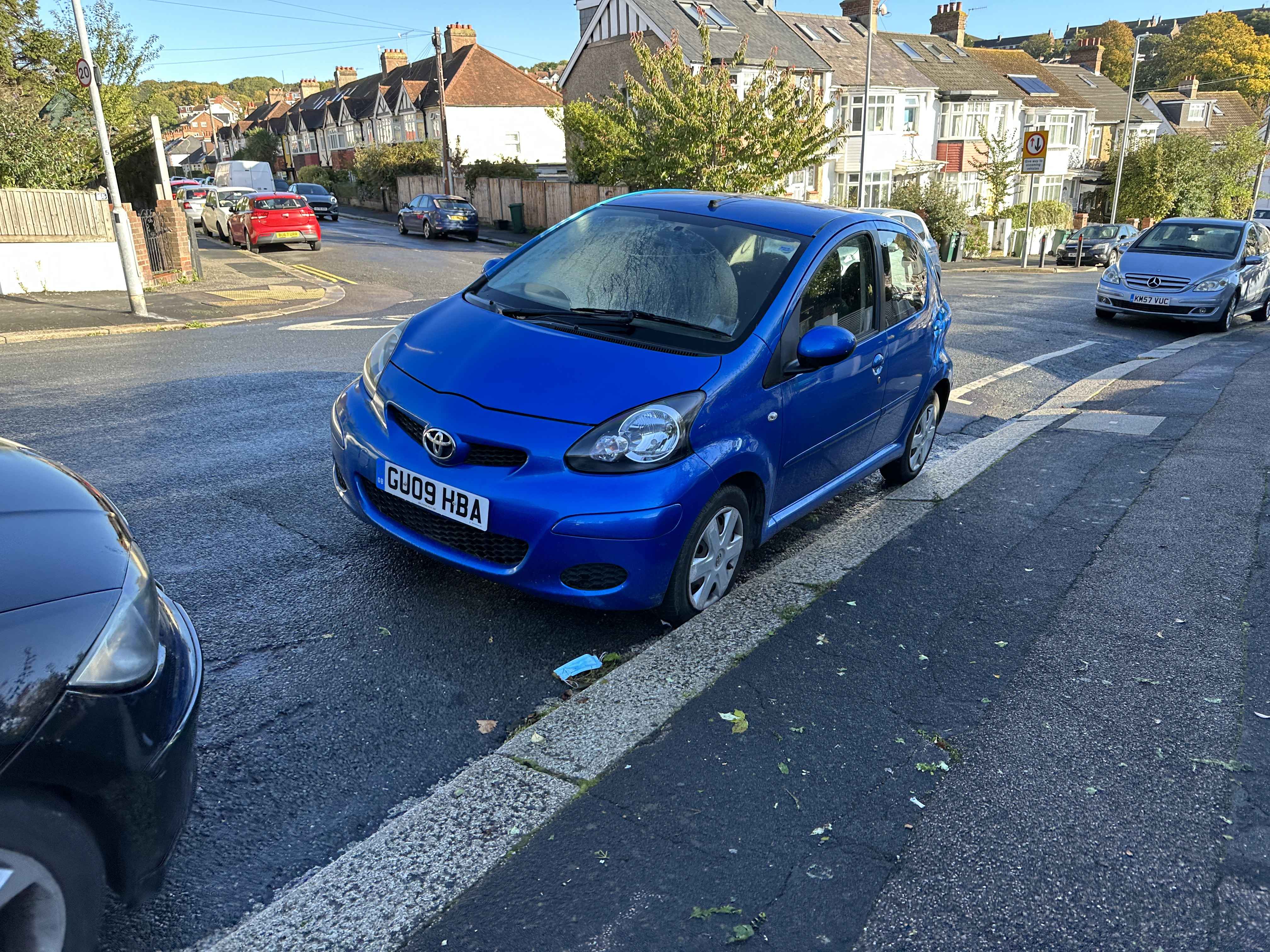 Photograph of GU09 HBA - a Blue Toyota Aygo parked in Hollingdean by a non-resident who uses the local area as part of their Brighton commute. The fourth of four photographs supplied by the residents of Hollingdean.