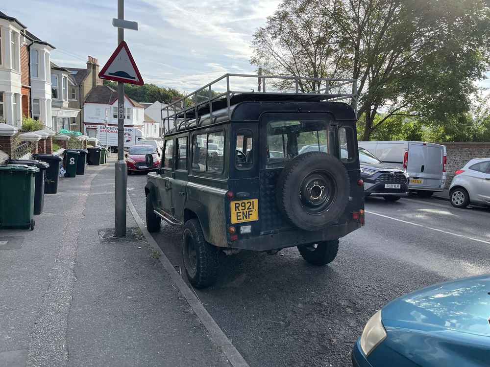 Photograph of R921 ENF - a Green Land Rover Defender parked in Hollingdean by a non-resident. The second of twelve photographs supplied by the residents of Hollingdean.