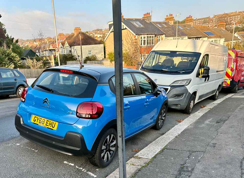 Photograph of GY68 EHU - a Blue Citroen C3 parked in Hollingdean by a non-resident who uses the local area as part of their Brighton commute. The tenth of twelve photographs supplied by the residents of Hollingdean.
