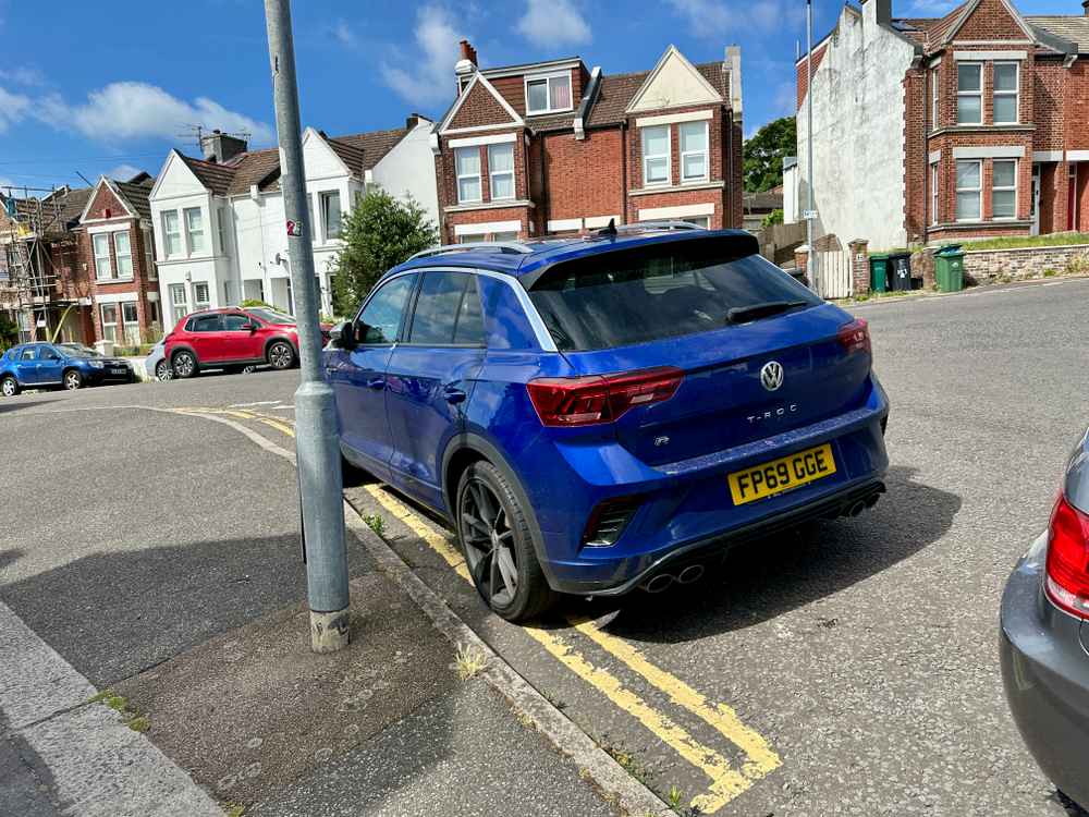 Photograph of FP69 GGE - a Blue Volkswagen T-roc parked in Hollingdean by a non-resident. The second of four photographs supplied by the residents of Hollingdean.