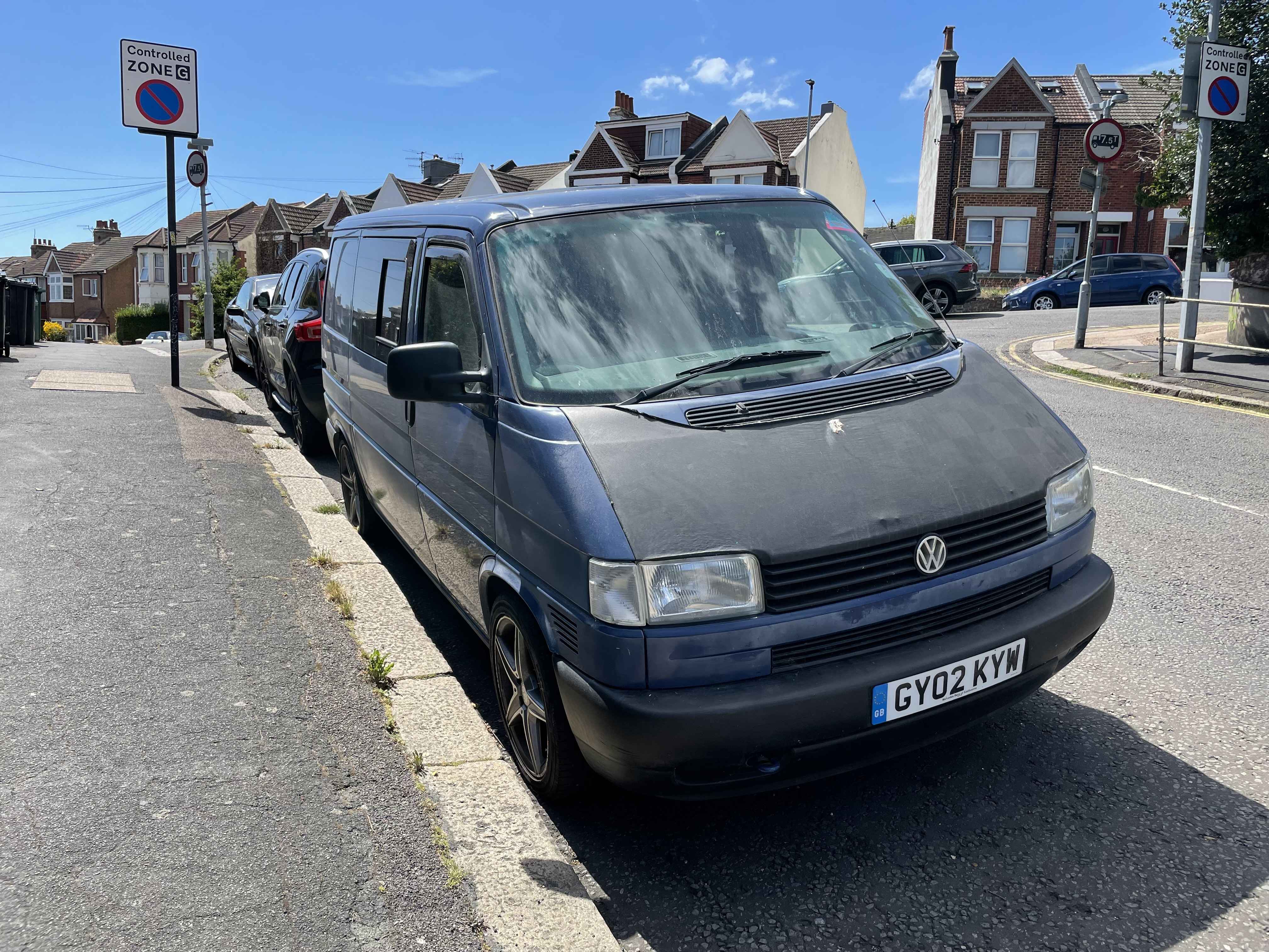 Photograph of GY02 KYW - a Blue Volkswagen Transporter camper van parked in Hollingdean by a non-resident. The fourth of eighteen photographs supplied by the residents of Hollingdean.