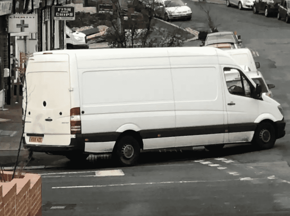 Photograph of KS15 NZE - a White Mercedes Sprinter parked in Hollingdean by a non-resident. The first of five photographs supplied by the residents of Hollingdean.
