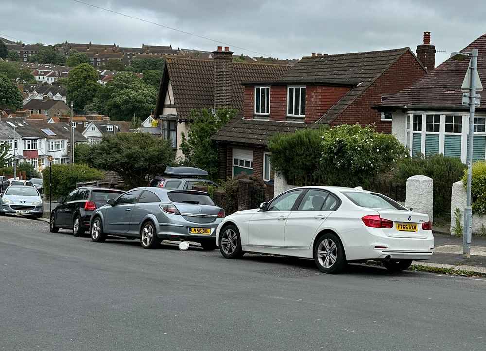 Photograph of FT66 AXW - a White BMW 3 Series parked in Hollingdean by a non-resident who uses the local area as part of their Brighton commute. The eighth of nine photographs supplied by the residents of Hollingdean.
