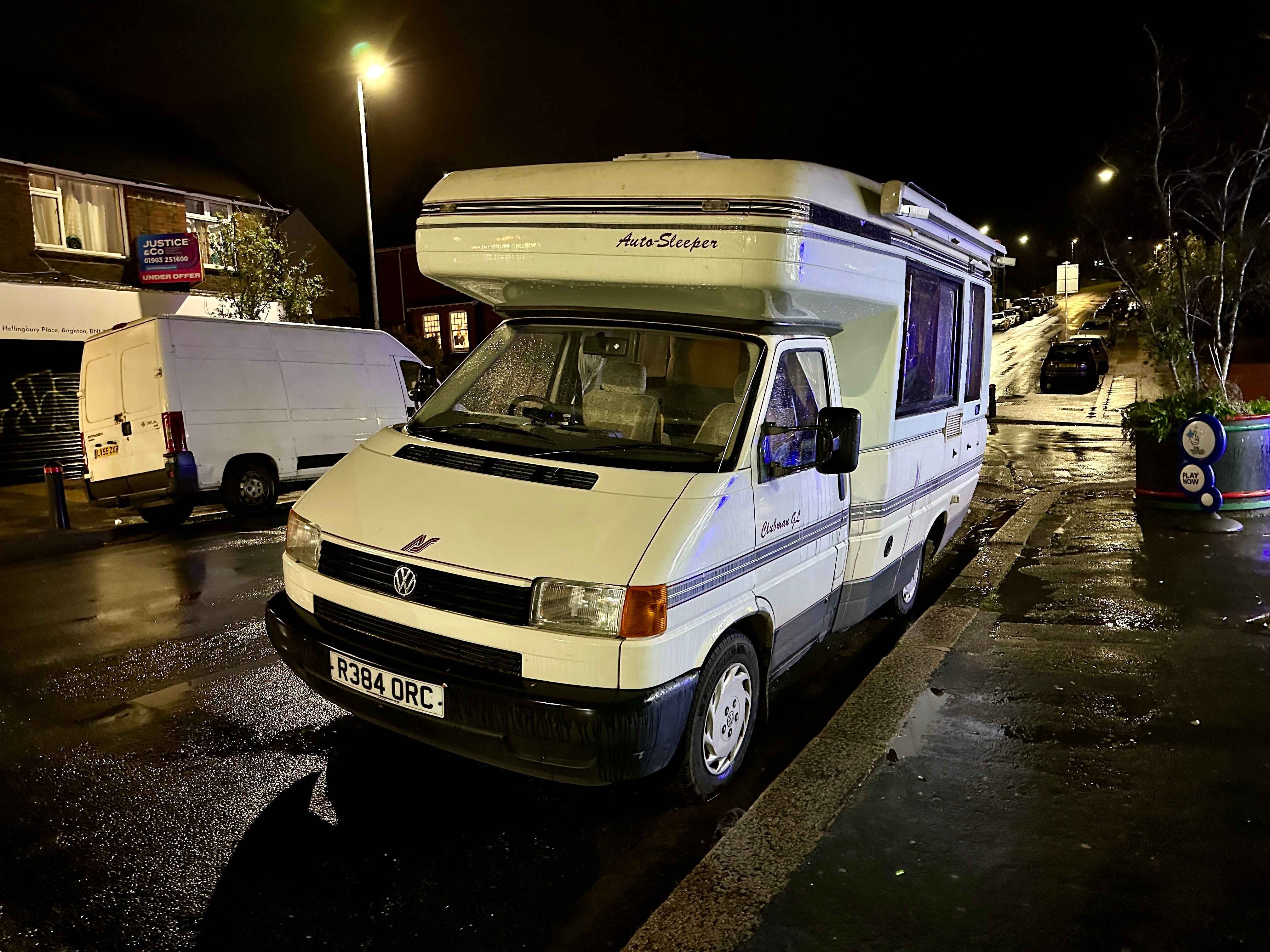 Photograph of R384 ORC - a Beige Volkswagen Transporter camper van parked in Hollingdean by a non-resident, and potentially abandoned. The eighth of twelve photographs supplied by the residents of Hollingdean.