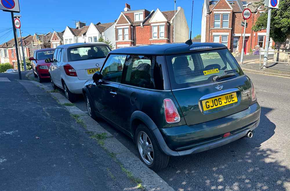 Photograph of GJ06 JUE - a Green Mini Cooper parked in Hollingdean by a non-resident. The twelfth of fourteen photographs supplied by the residents of Hollingdean.