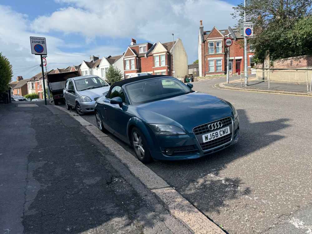 Photograph of WJ58 CWU - a Blue Audi TT parked in Hollingdean by a non-resident who uses the local area as part of their Brighton commute. The fourth of four photographs supplied by the residents of Hollingdean.