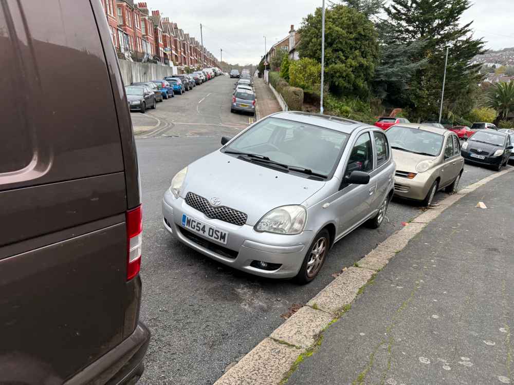 Photograph of WG54 OSM - a Silver Toyota Yaris parked in Hollingdean by a non-resident. The fourth of four photographs supplied by the residents of Hollingdean.