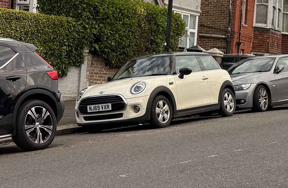 Photograph of NJ69 VXR - a Beige Mini Cooper parked in Hollingdean by a non-resident. The sixth of ten photographs supplied by the residents of Hollingdean.
