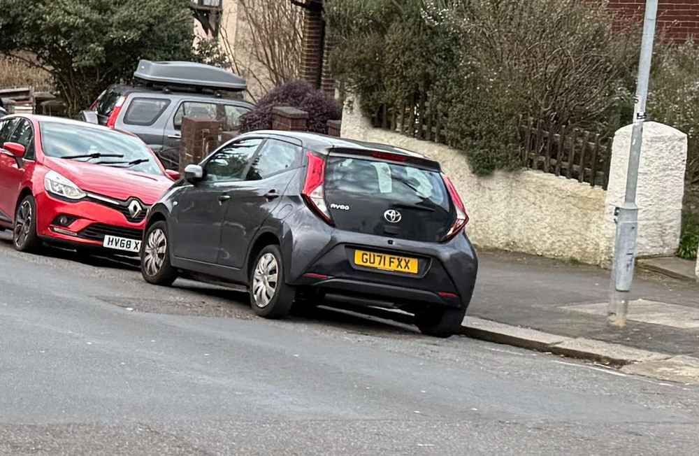 Photograph of GU71 FXX - a Grey Toyota Aygo parked in Hollingdean by a non-resident who uses the local area as part of their Brighton commute. The ninth of nine photographs supplied by the residents of Hollingdean.