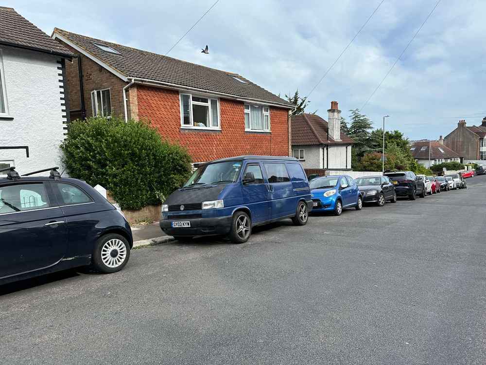 Photograph of GY02 KYW - a Blue Volkswagen Transporter camper van parked in Hollingdean by a non-resident. The twenty-first of twenty-five photographs supplied by the residents of Hollingdean.