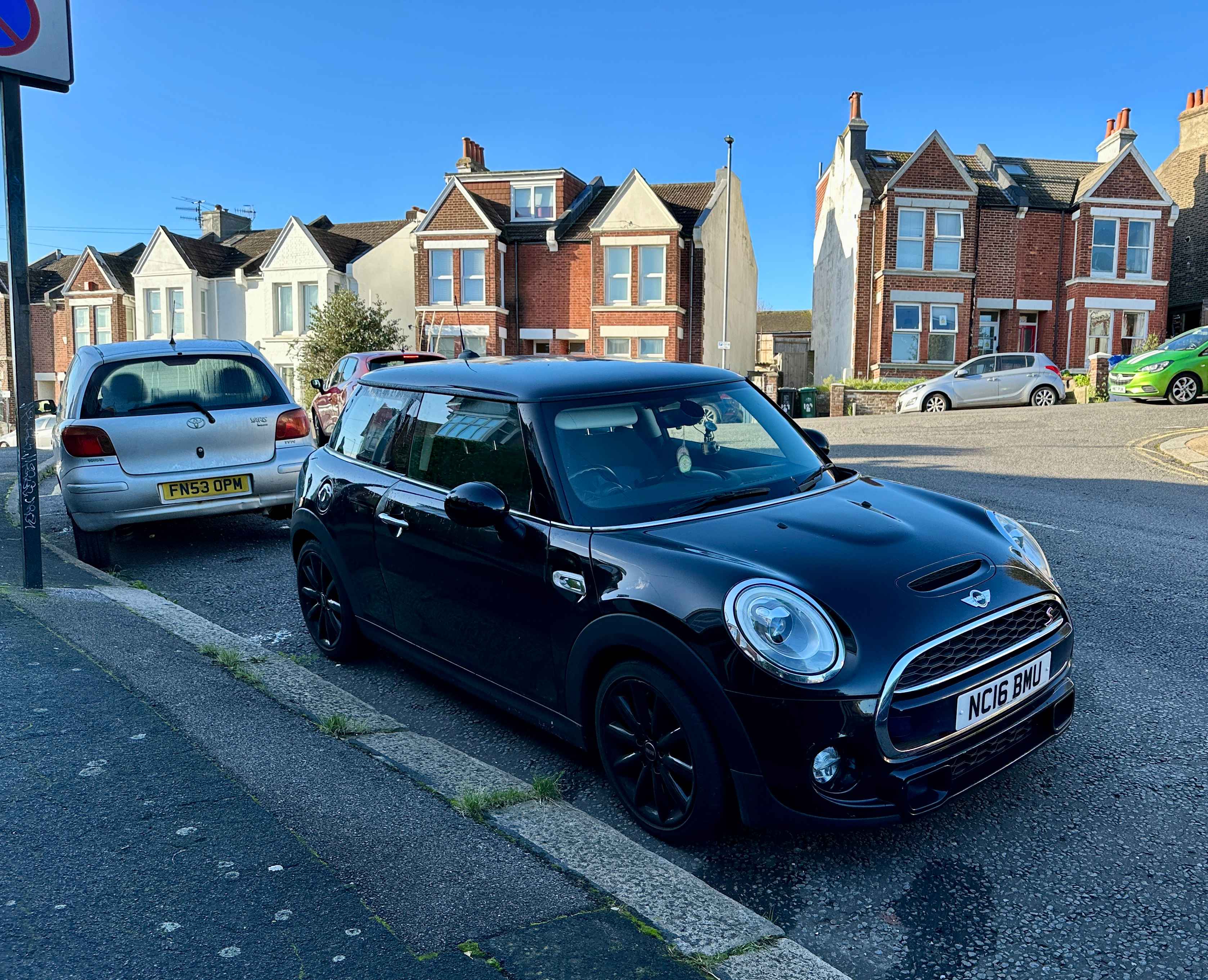 Photograph of NC16 BMU - a Black Mini Cooper parked in Hollingdean by a non-resident who uses the local area as part of their Brighton commute. The third of four photographs supplied by the residents of Hollingdean.