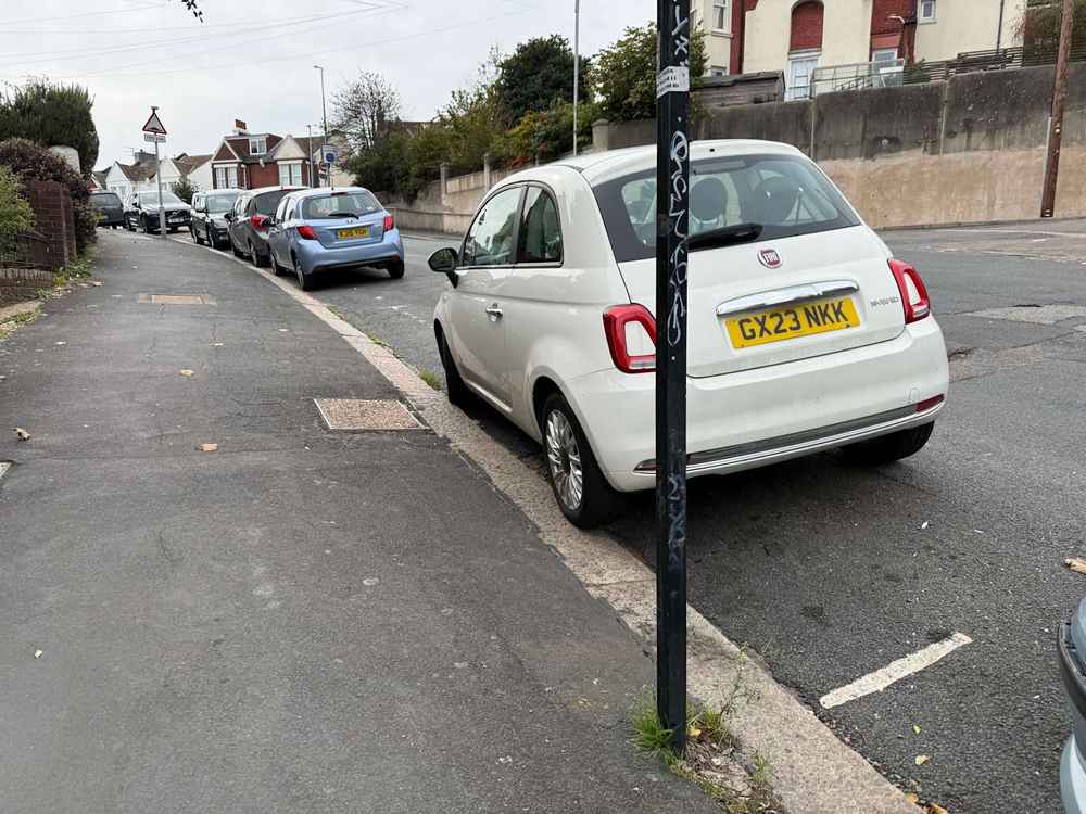 Photograph of GX23 NKK - a White Fiat 500 parked in Hollingdean by a non-resident. The fifth of six photographs supplied by the residents of Hollingdean.