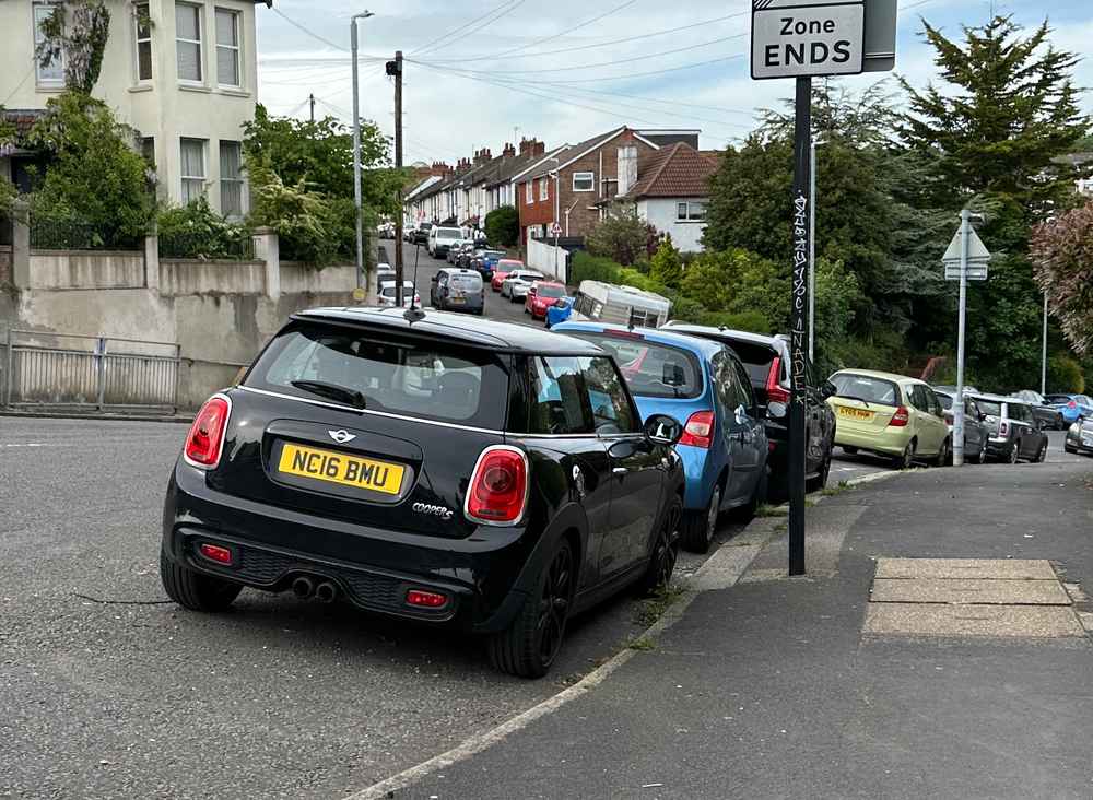 Photograph of NC16 BMU - a Black Mini Cooper parked in Hollingdean by a non-resident who uses the local area as part of their Brighton commute. The fifth of six photographs supplied by the residents of Hollingdean.