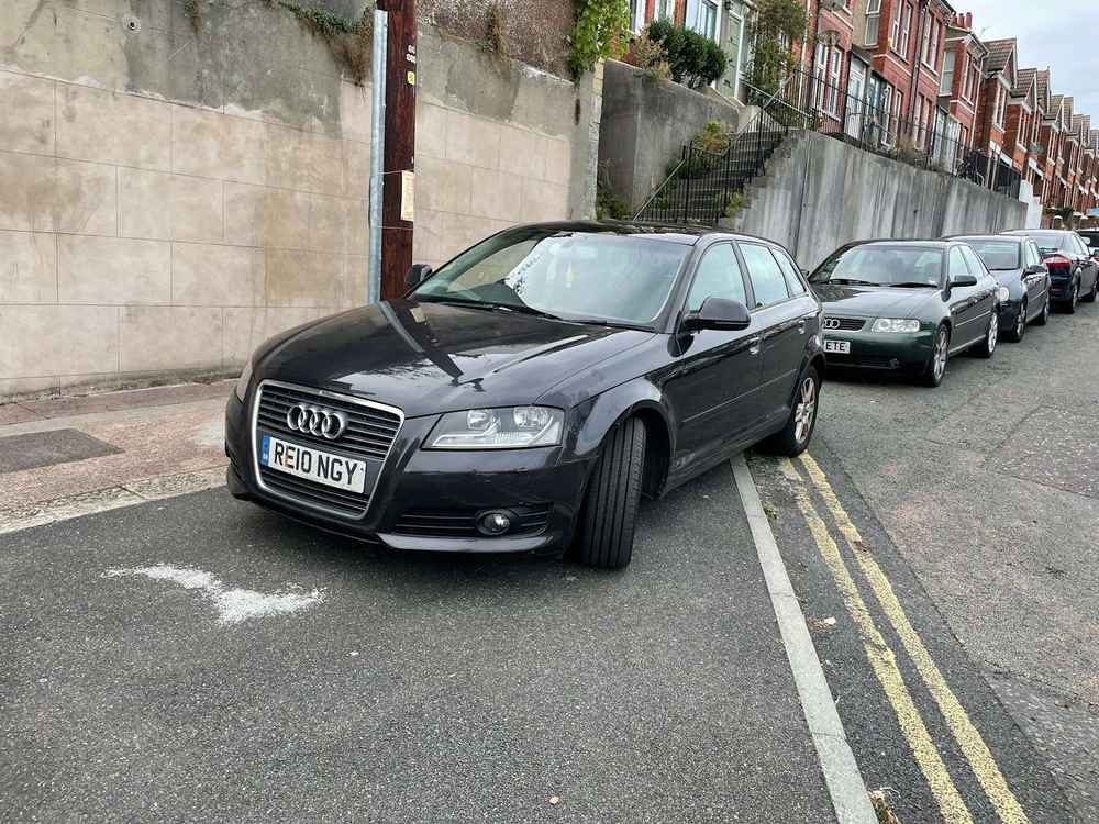 Photograph of RE10 NGY - a Black Audi A3 parked in Hollingdean by a non-resident who uses the local area as part of their Brighton commute. The second of four photographs supplied by the residents of Hollingdean.