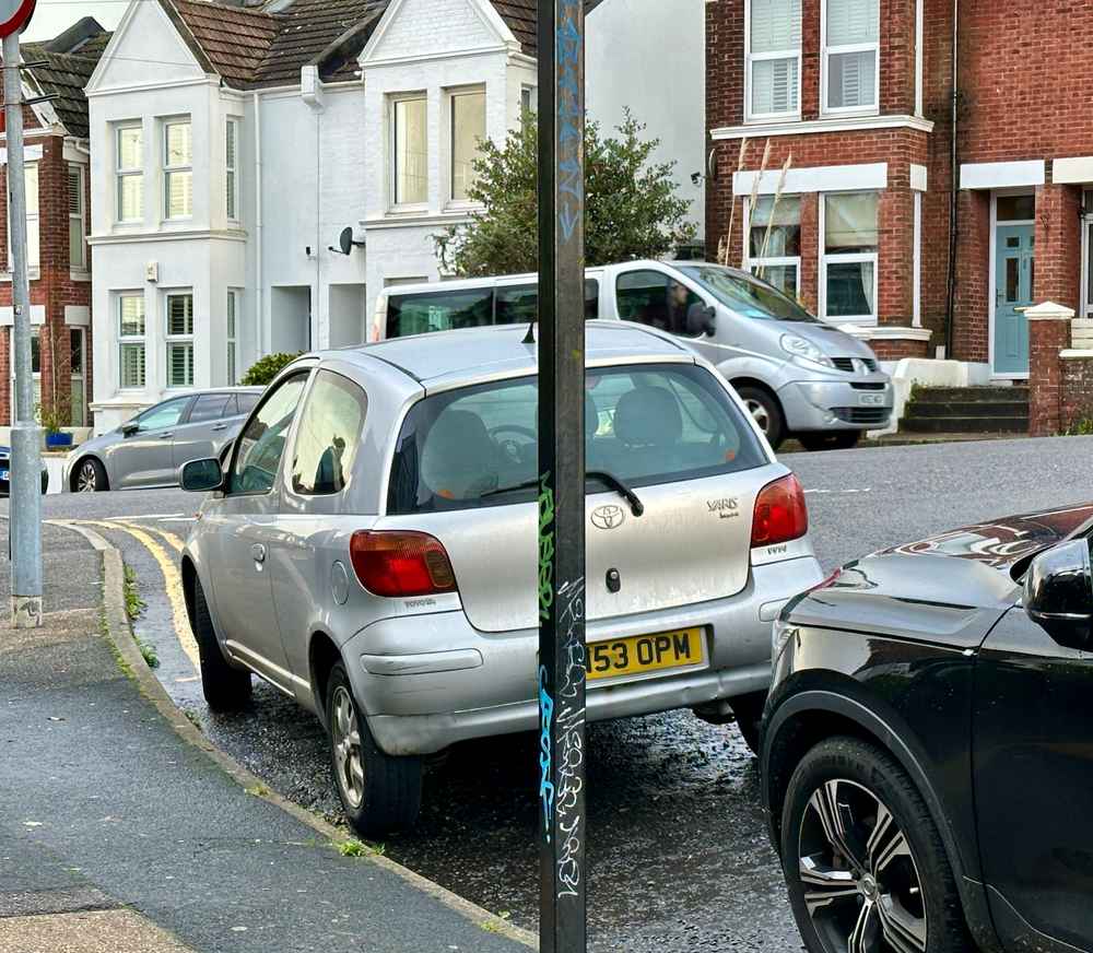 Photograph of FN53 OPM - a Silver Toyota Yaris parked in Hollingdean by a non-resident. The second of ten photographs supplied by the residents of Hollingdean.