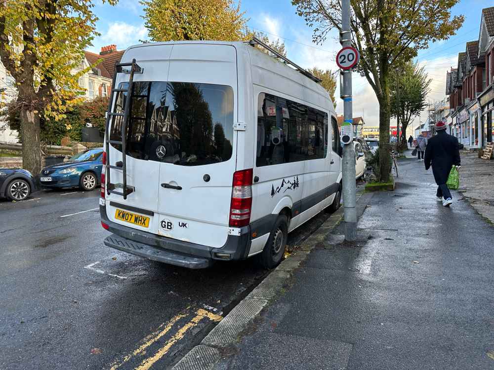 Photograph of KW07 WHX - a White Mercedes Sprinter camper van parked in Hollingdean by a non-resident. The fourth of four photographs supplied by the residents of Hollingdean.