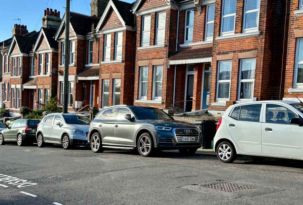 Photograph of HA57 ENA - a Grey Audi Q5 parked in Hollingdean by a non-resident who uses the local area as part of their Brighton commute. The first of three photographs supplied by the residents of Hollingdean.