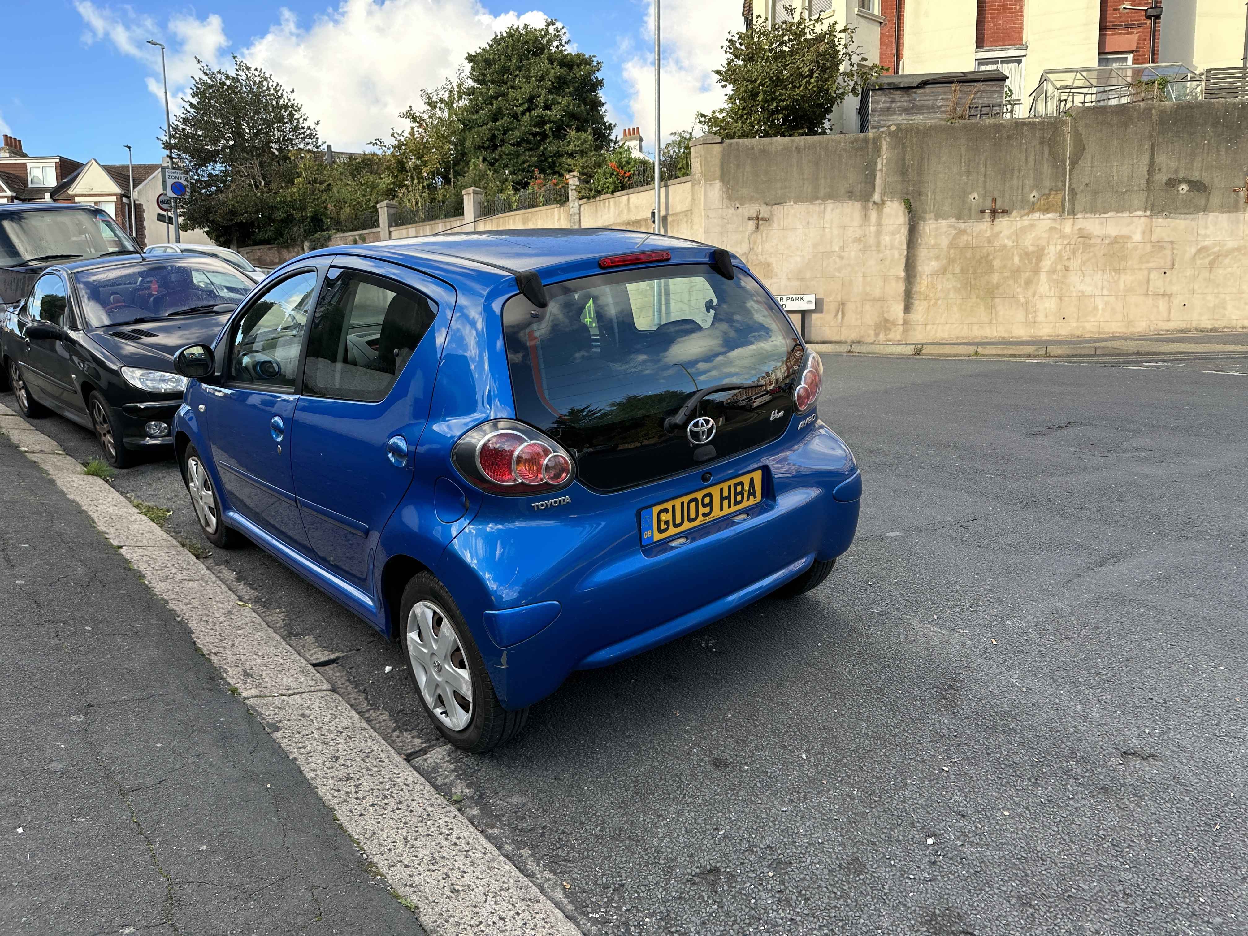 Photograph of GU09 HBA - a Blue Toyota Aygo parked in Hollingdean by a non-resident who uses the local area as part of their Brighton commute. The third of four photographs supplied by the residents of Hollingdean.