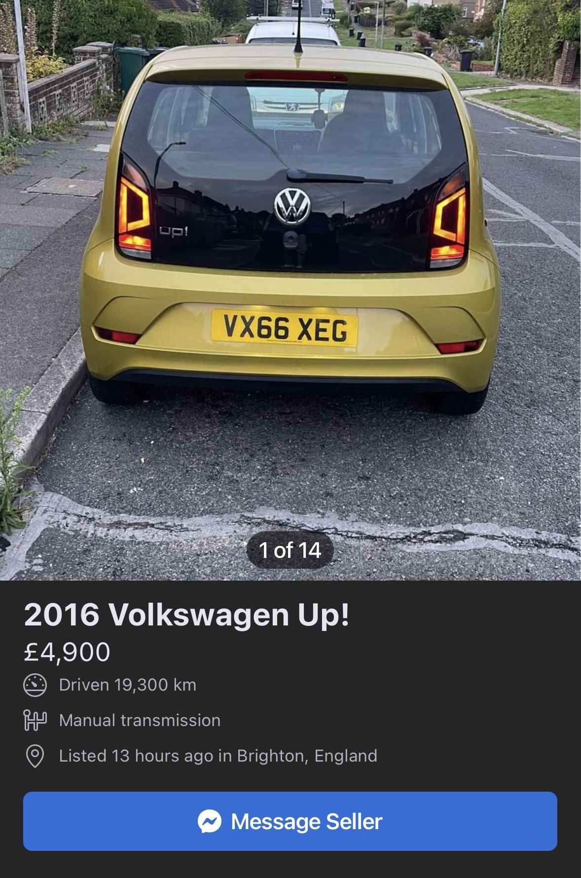 Photograph of VX66 XEG - a Gold Volkswagen Up parked in Hollingdean by a non-resident and stored here whilst a dodgy car dealer attempts to sell it. The first of four photographs supplied by the residents of Hollingdean.