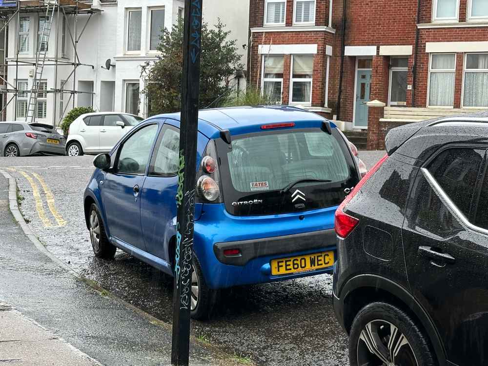Photograph of FE60 WEC - a Blue Citroen C1 parked in Hollingdean by a non-resident. The eighth of thirteen photographs supplied by the residents of Hollingdean.